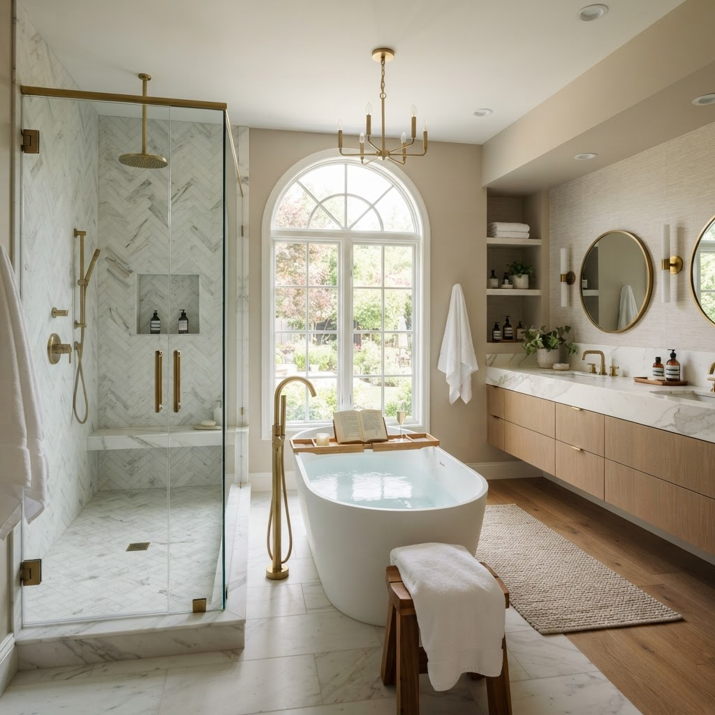 Remodeled master bathroom with freestanding tub and walk-in shower