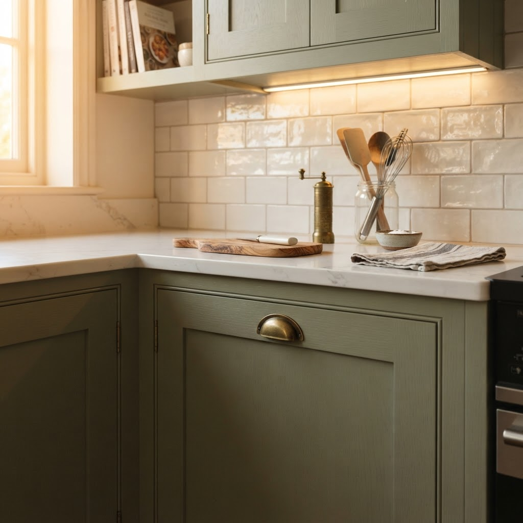 Custom sage green shaker kitchen cabinetry with brass hardware