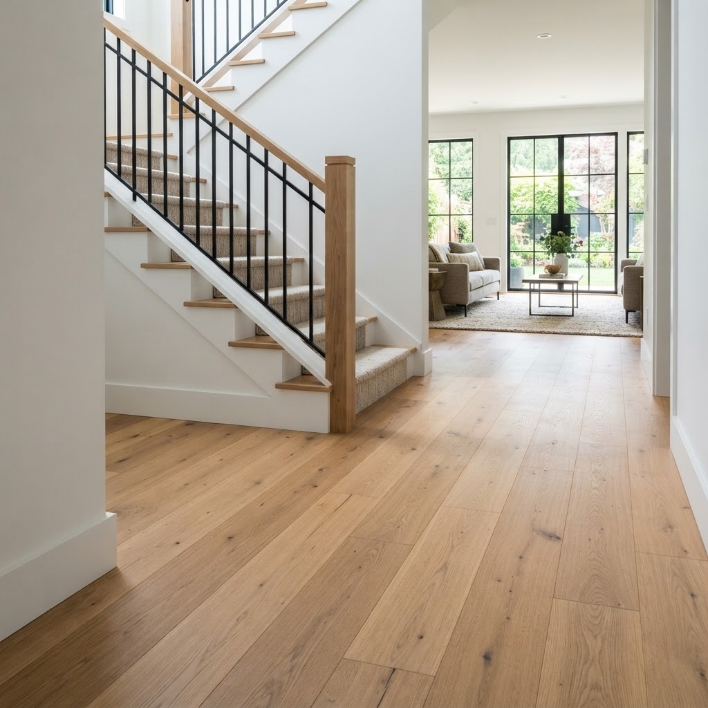 Newly installed wide-plank hardwood flooring in a bright home interior