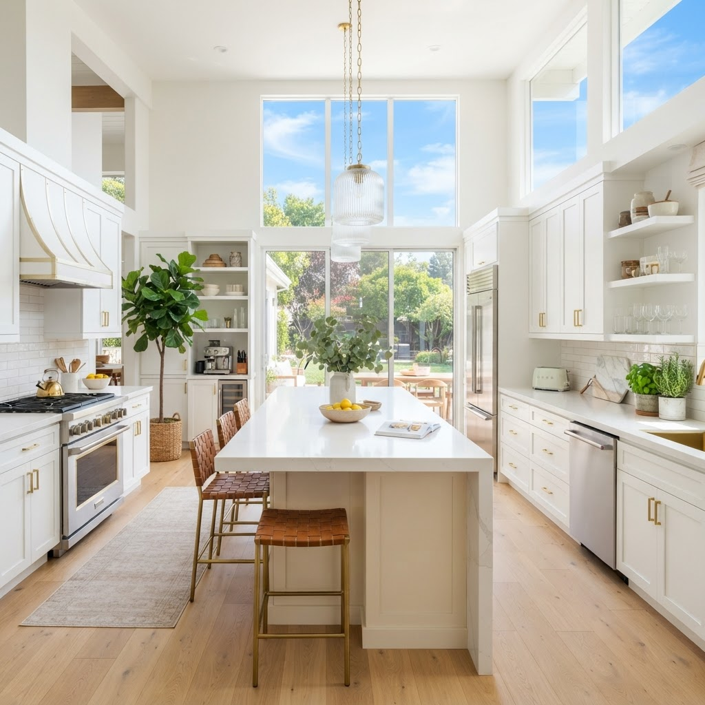 Freshly remodeled luxury kitchen with marble waterfall island